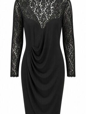 Evan Picone Black Lace-Sleeve Draped Evening Dress